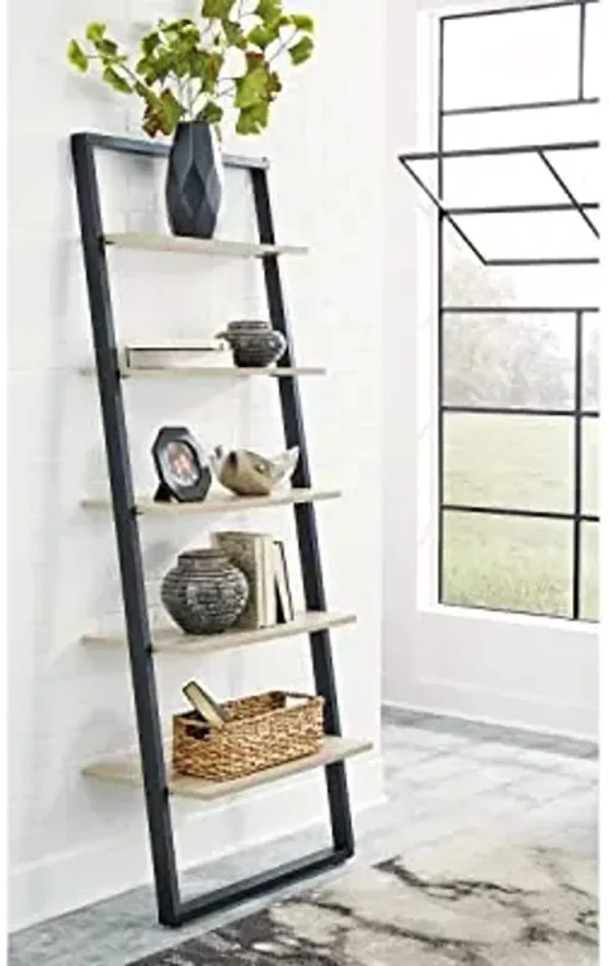 Signature Design by Ashley Waylowe Contemporary Ladder Bookcase, Beige & Black