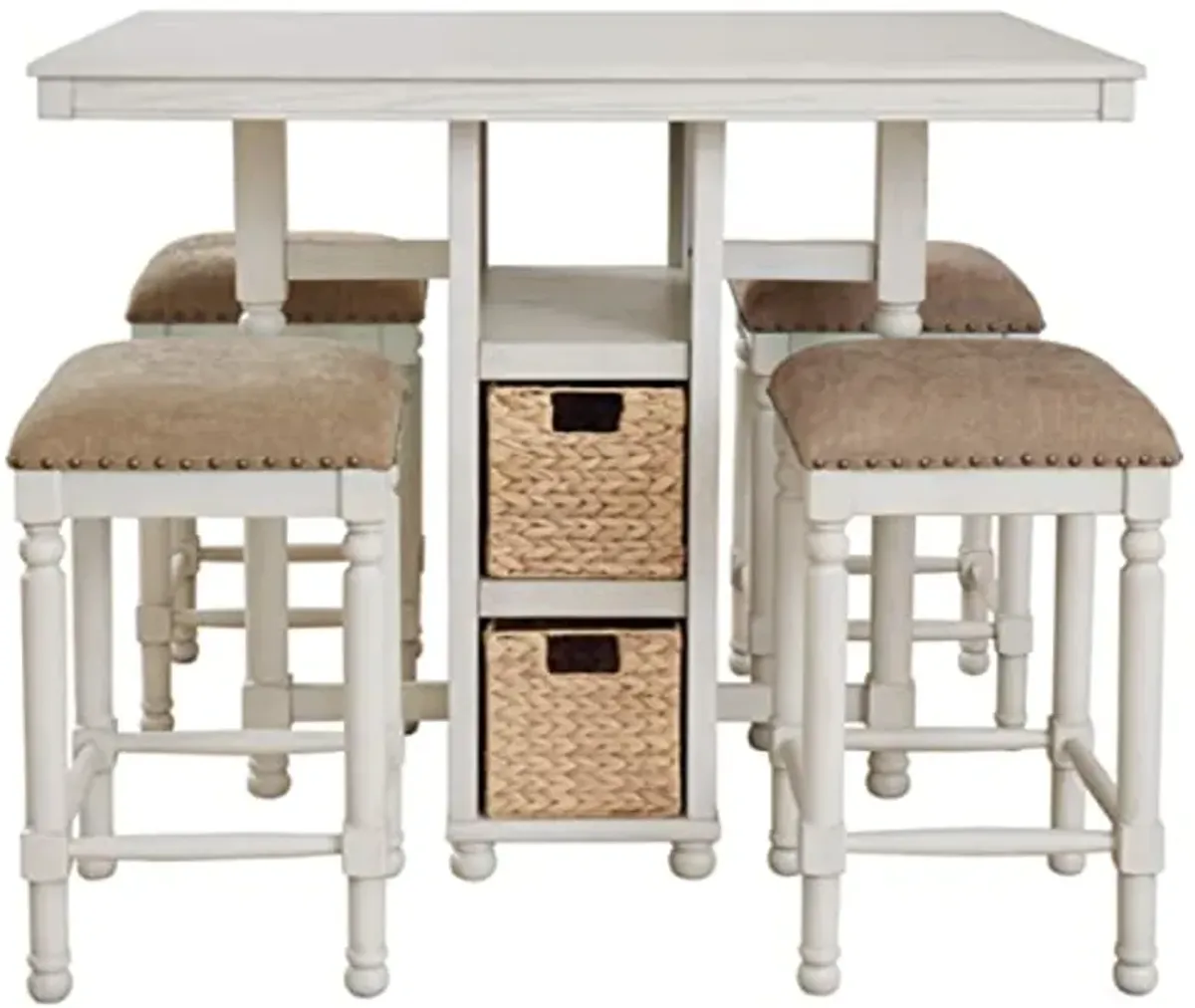 Signature Design by Ashley Robbinsdale Farmhouse Rectangular Counter Height Dining Room Table and Bar Stools, Set of 5, Whitewash