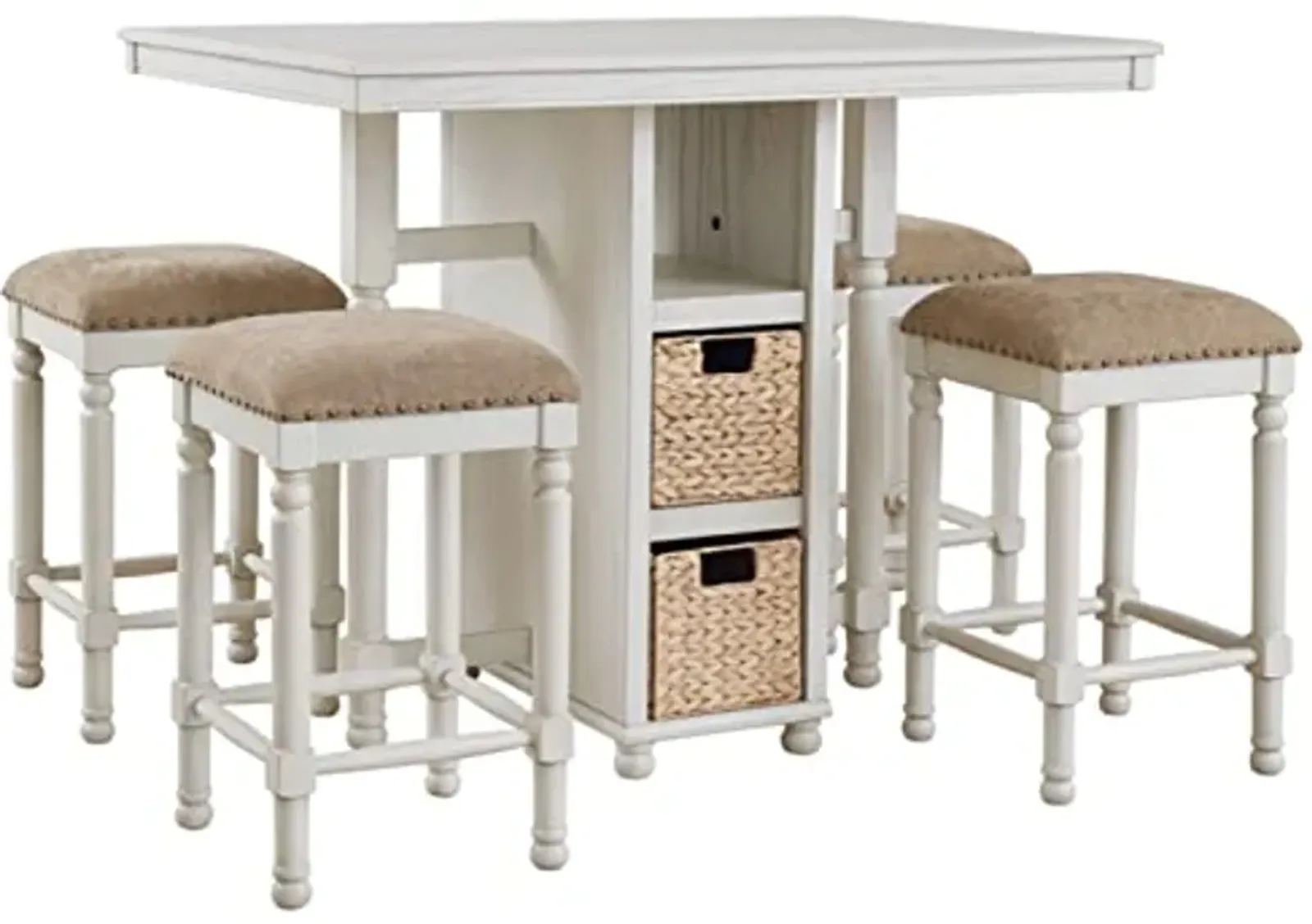 Signature Design by Ashley Robbinsdale Farmhouse Rectangular Counter Height Dining Room Table and Bar Stools, Set of 5, Whitewash