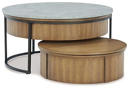 Signature Design by Ashley Fridley, 2 Count Nesting Cocktail Tables, Set of 2, 36" W x 36" D x 18" H, Light Brown & Light Gray