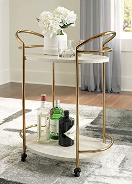Signature Design by Ashley Tarica Modern Bar Cart with 2 Shelves, Cream & Gold Finish