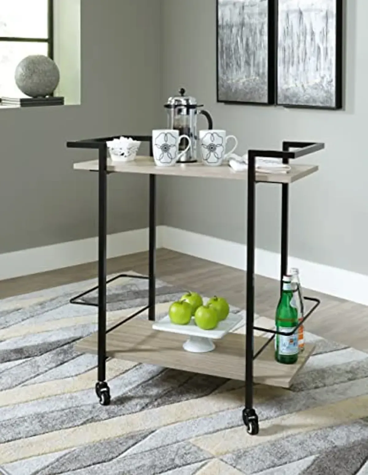 Signature Design by Ashley Waylowe Modern 2 Shelf Metal Frame Bar Cart with Bottle Holders, Light Brown & Black