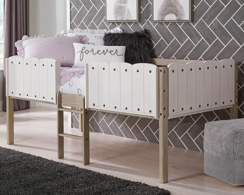 Signature Design by Ashley Wrenalyn Farmhouse Twin Loft Bed Frame with Ladder and Side Rails, White & Light Brown