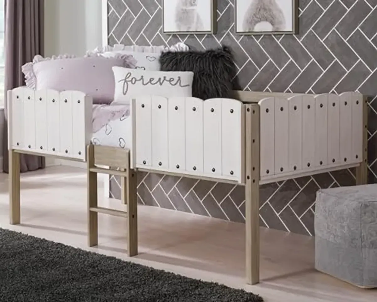 Signature Design by Ashley Wrenalyn Farmhouse Twin Loft Bed Frame with Ladder and Side Rails, White & Light Brown