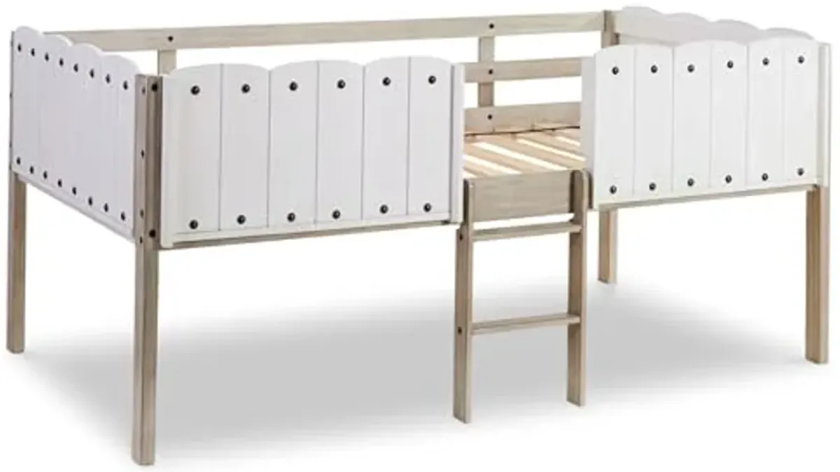 Signature Design by Ashley Wrenalyn Farmhouse Twin Loft Bed Frame with Ladder and Side Rails, White & Light Brown