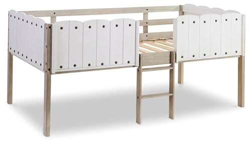 Signature Design by Ashley Wrenalyn Farmhouse Twin Loft Bed Frame with Ladder and Side Rails, White & Light Brown