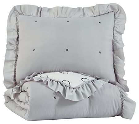 Signature Design by Ashley Hartlen Twin Youth Heart Pattern Comforter Set with Sham, Gray & White