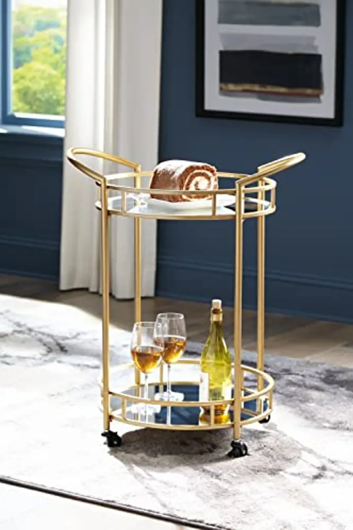 Signature Design by Ashley Wynora Round Modern Bar Serving Cart with 2 Mirrored Shelves, Gold