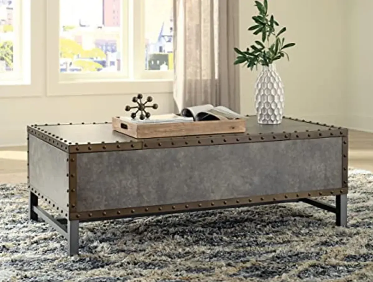 Signature Design by Ashley Derrylin Casual Lift-Top Coffee Table with 2 Storage Bins, Brown & Bronze-Tone Finish