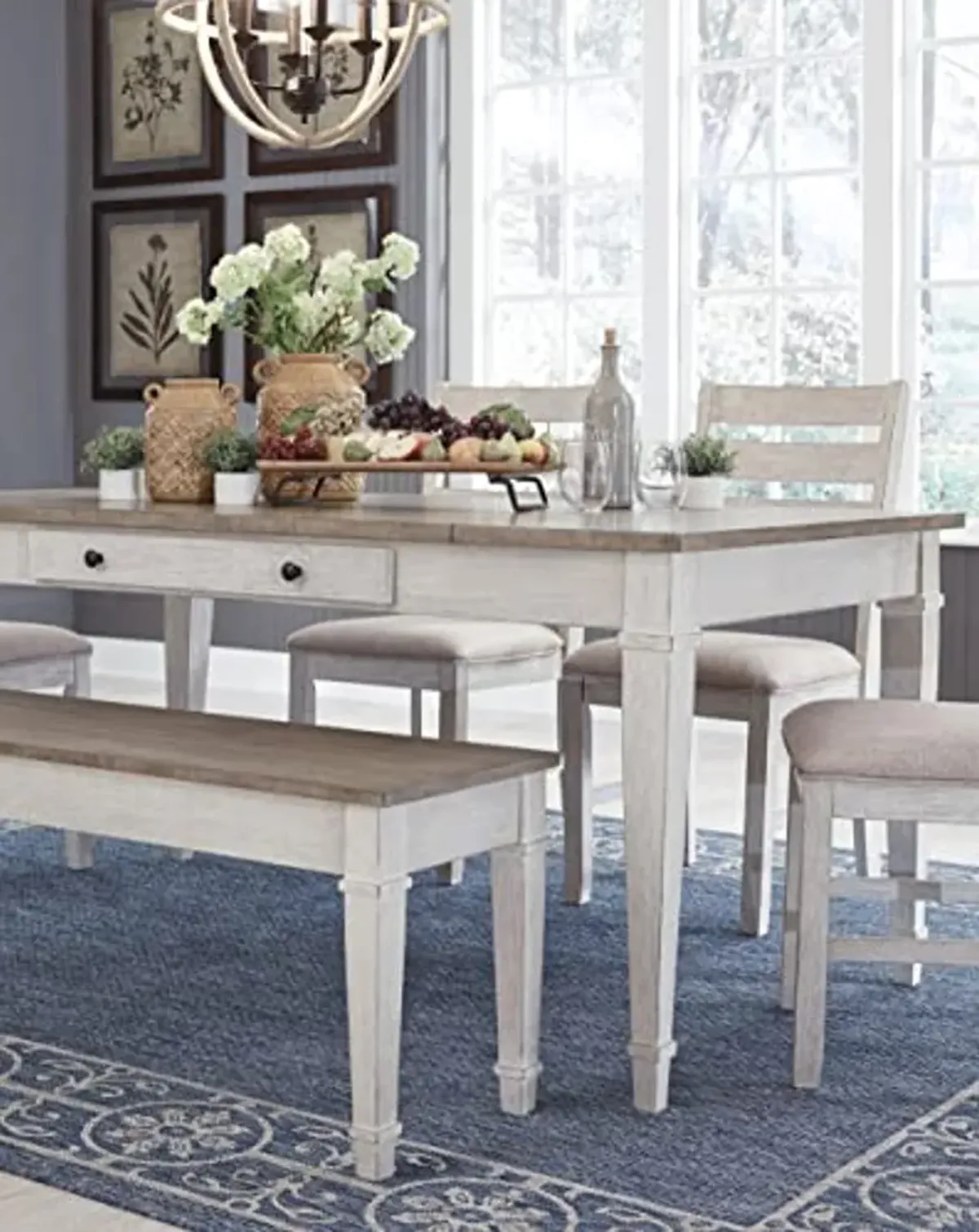 Signature Design by Ashley Skempton Farmhouse Rectangular Dining Room Table with Storage, White & Light Brown