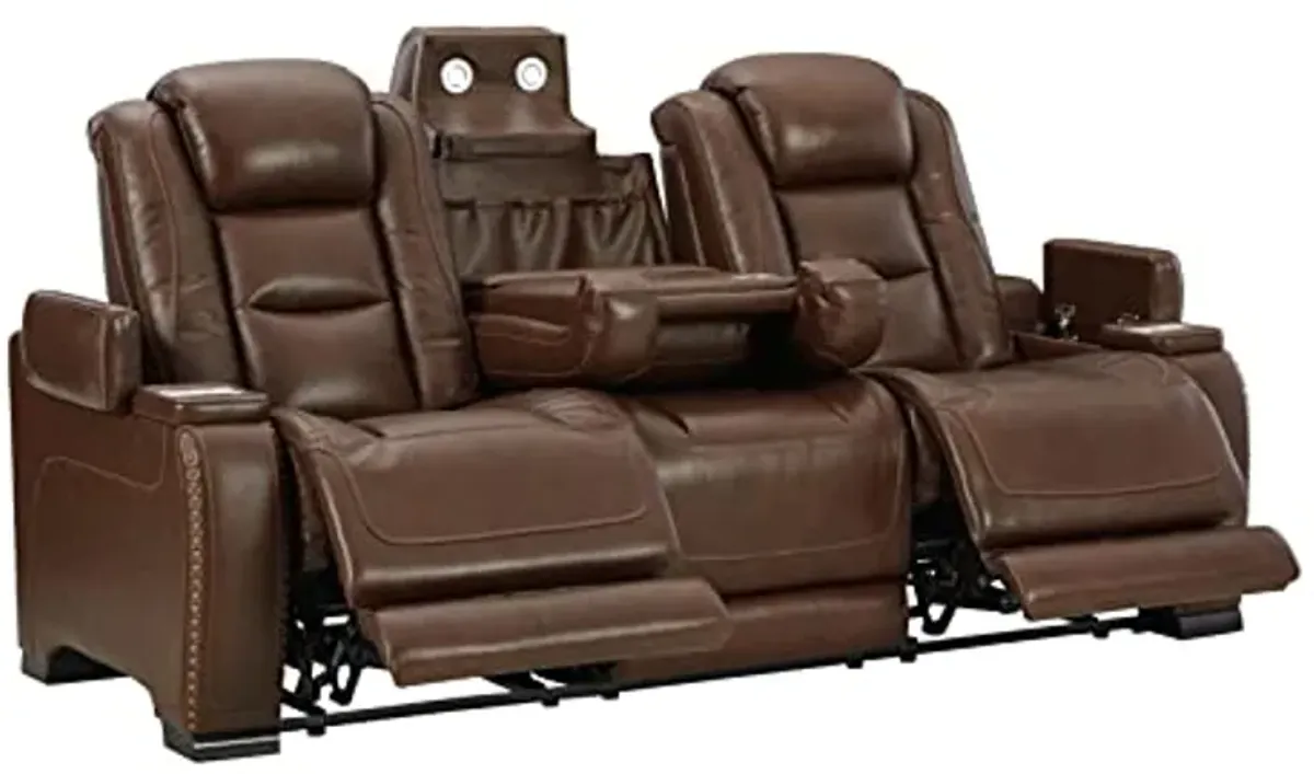 Signature Design by Ashley The Man-Den Power Reclining Sofa with Adjustable Headrest, Mahogany