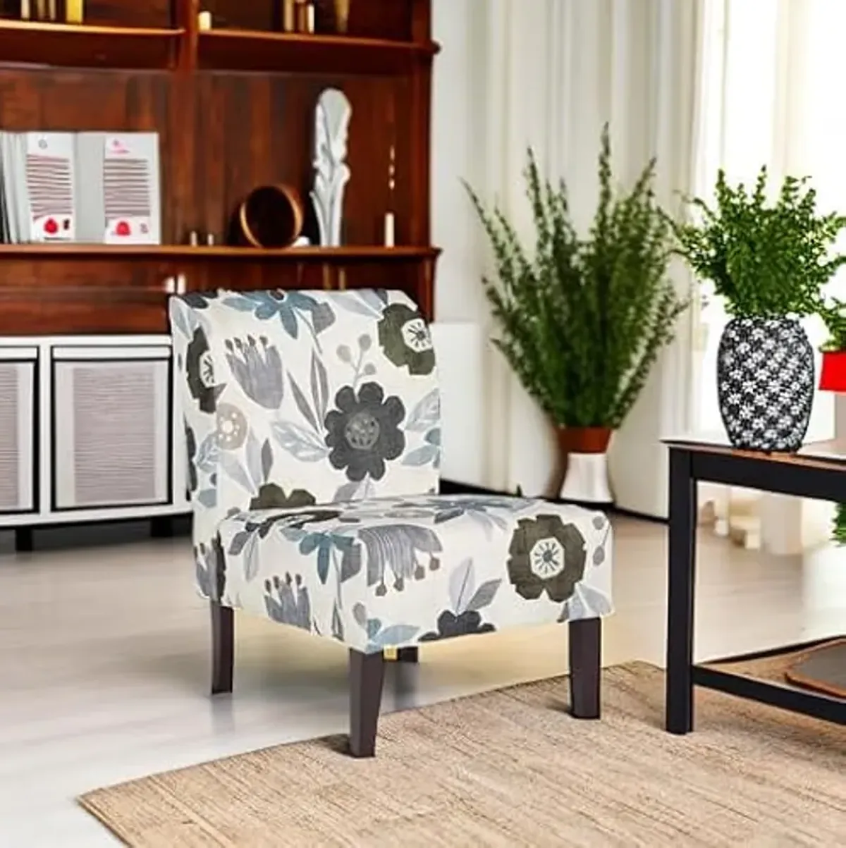 Signature Design by Ashley Triptis Floral Armless Accent Chair, White, Blue & Gray