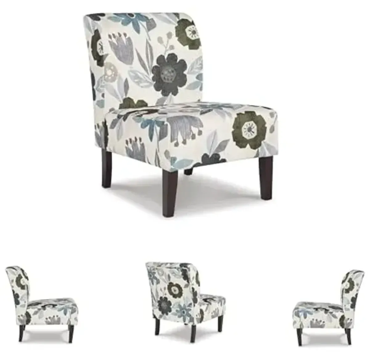 Signature Design by Ashley Triptis Floral Armless Accent Chair with Attached Cushions, Fabric Upholstery, Wood Legs, 16.63" Seat Height, White, Blue & Gray