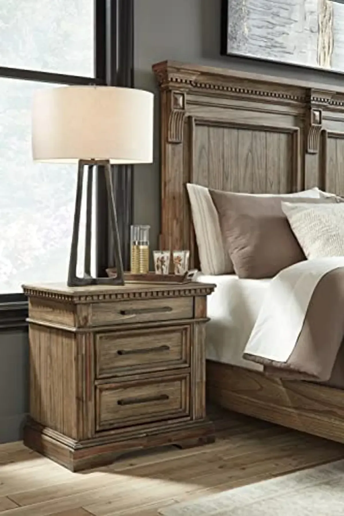 Signature Design by Ashley Markenburg Traditional 3 Drawer Night Stand with USB Charging Ports, Brown & Beige