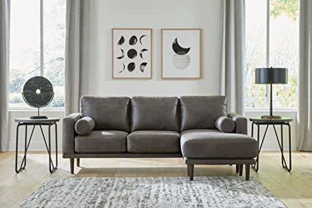 Signature Design by Ashley Arroyo Mid Century Modern Faux Leather Sofa Chaise with Bolster Pillows, Dark Gray