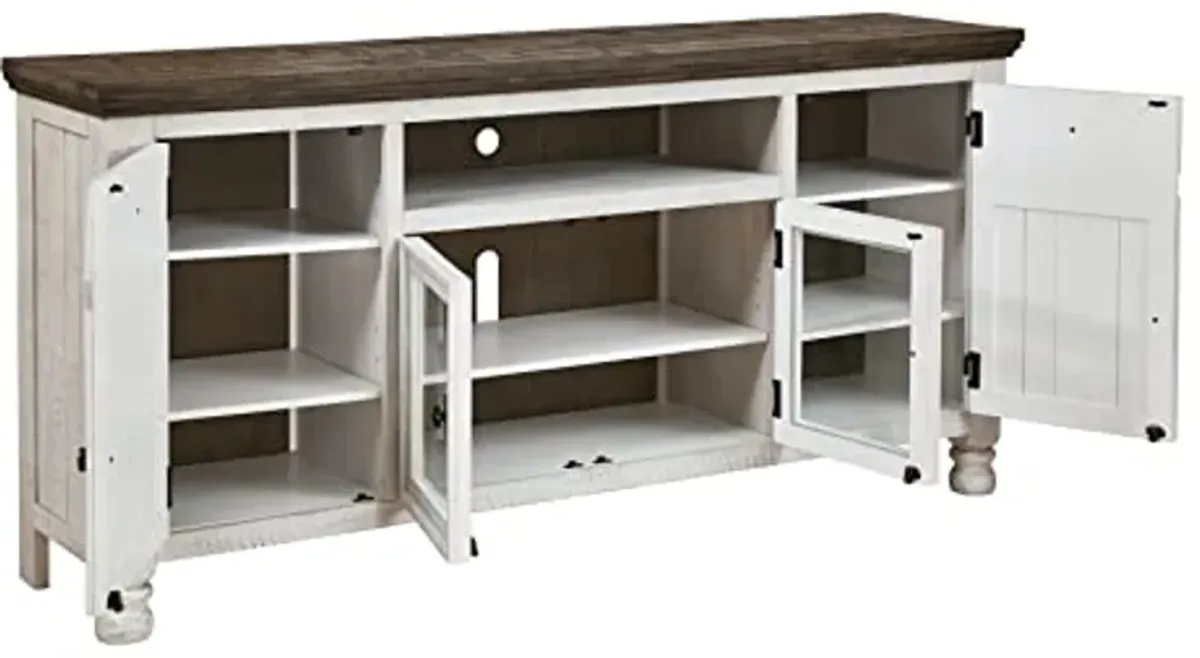 Signature Design by Ashley Havalance Farmhouse TV Stand Fits TVs up to 72", 4 Cabinets and Shelves For Storage, Vintage White & Weathered Gray