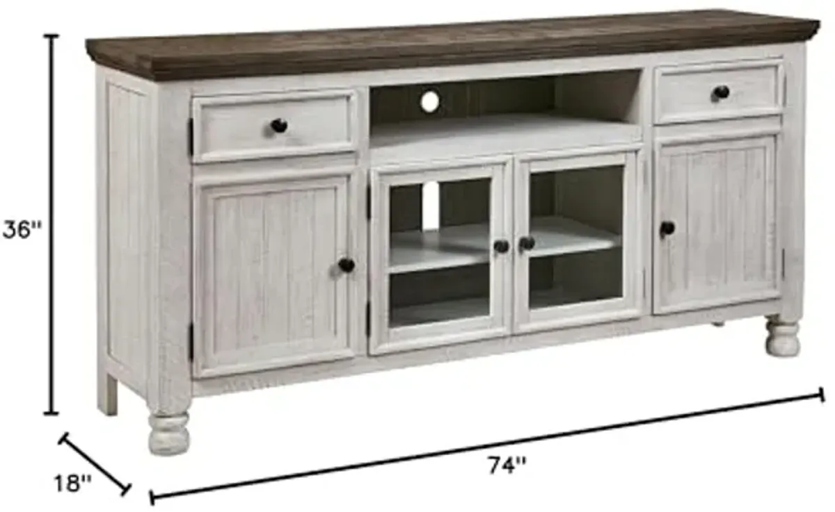 Signature Design by Ashley Havalance Farmhouse TV Stand Fits TVs up to 72", 4 Cabinets and Shelves For Storage, Vintage White & Weathered Gray