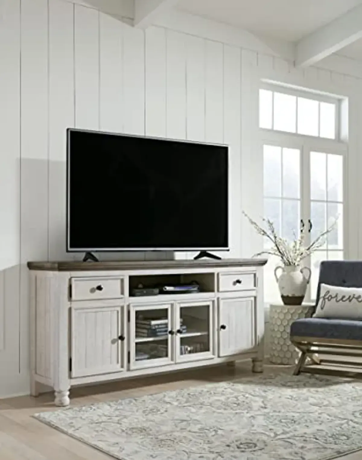 Signature Design by Ashley Havalance Farmhouse TV Stand Fits TVs up to 72", 4 Cabinets and Shelves For Storage, Vintage White & Weathered Gray