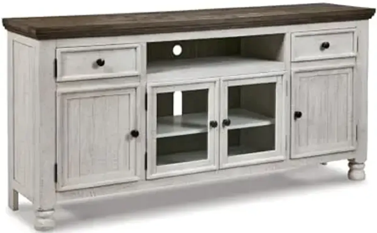 Signature Design by Ashley Havalance Farmhouse TV Stand Fits TVs up to 72", 4 Cabinets and Shelves For Storage, Vintage White & Weathered Gray