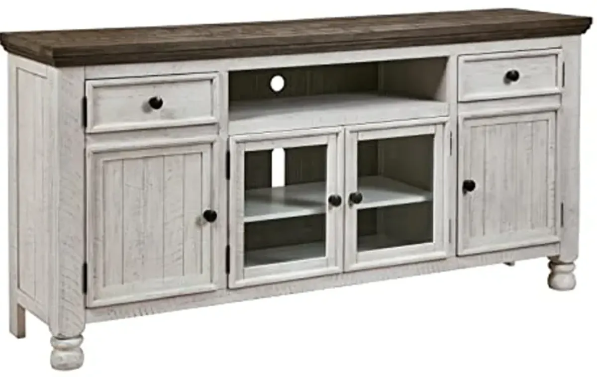 Signature Design by Ashley Havalance Farmhouse TV Stand Fits TVs up to 72", 4 Cabinets and Shelves For Storage, Vintage White & Weathered Gray