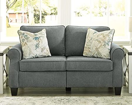Signature Design by Ashley Alessio Modern Loveseat with Floral Accent Pillows, Dark Gray