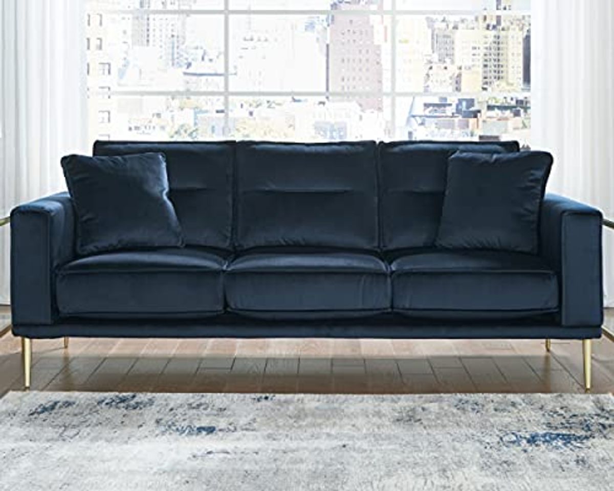 Signature Design by Ashley Macleary Modern Velvet Sofa with Gold Metal Legs, Navy Blue