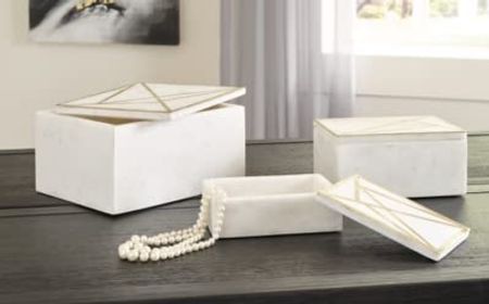 Signature Design by Ashley Ackley Modern Marble 3 Piece Storage Box Set, White