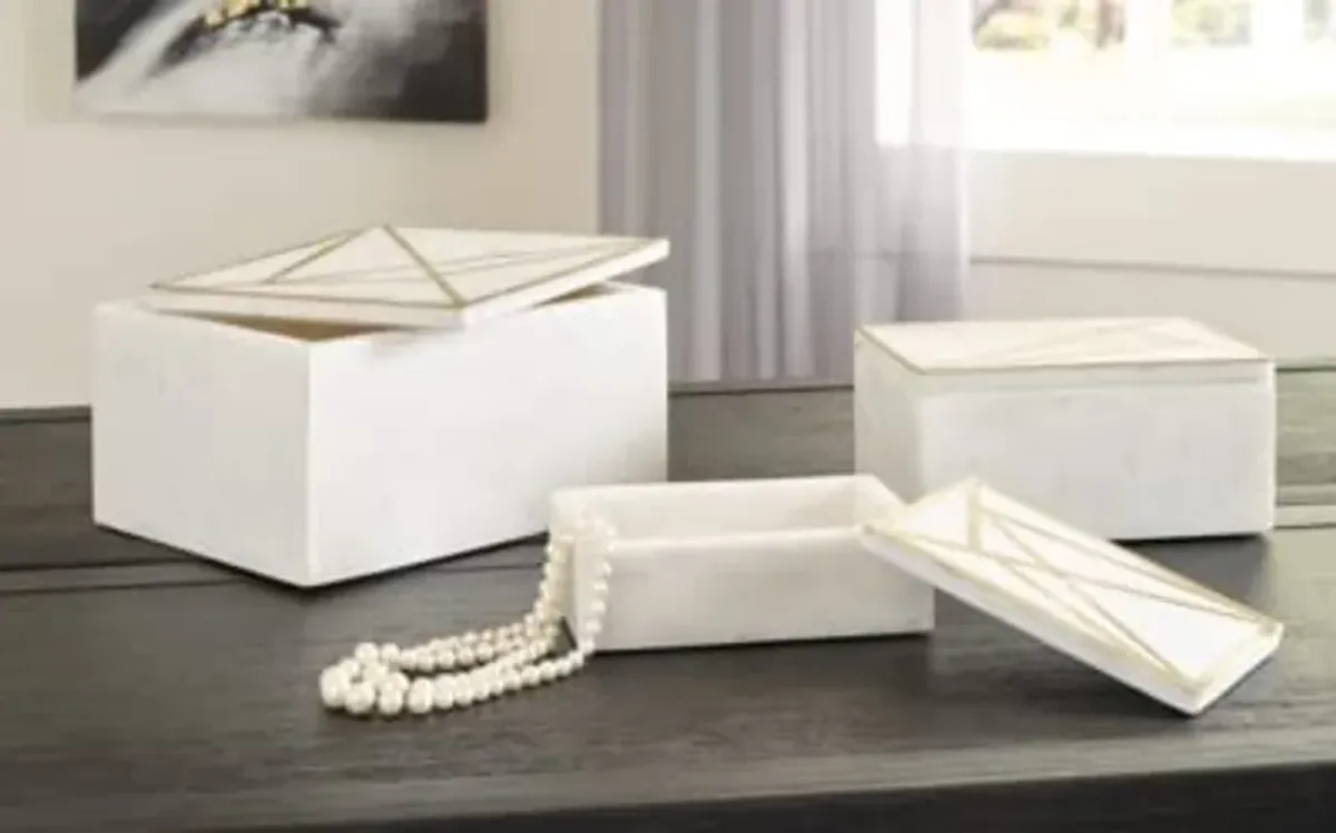 Signature Design by Ashley Ackley Modern Marble 3 Piece Storage Box Set, White