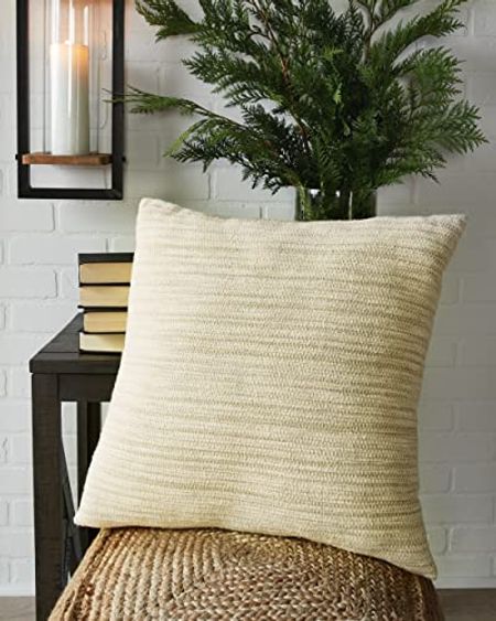 Signature Design by Ashley Budrey Farmhouse Square Cotton Accent Pillow, 20 x 20 Inches, Light Brown & White