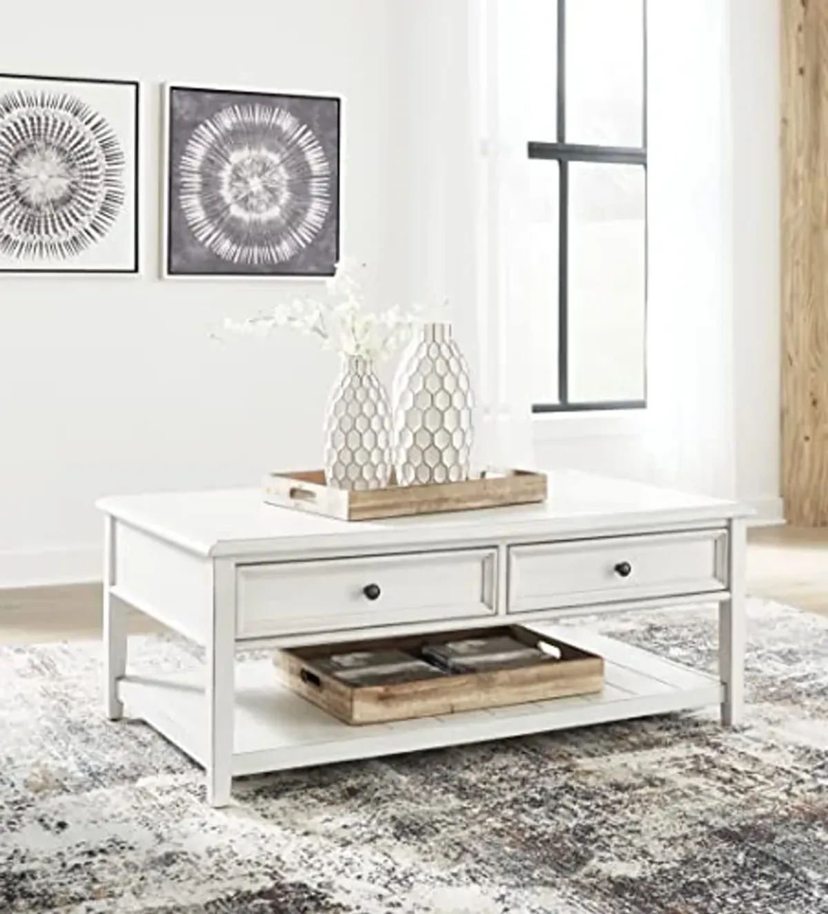 Signature Design by Ashley Kanwyn Farmhouse Rectangular Coffee Table with 2 Drawers, Whitewash