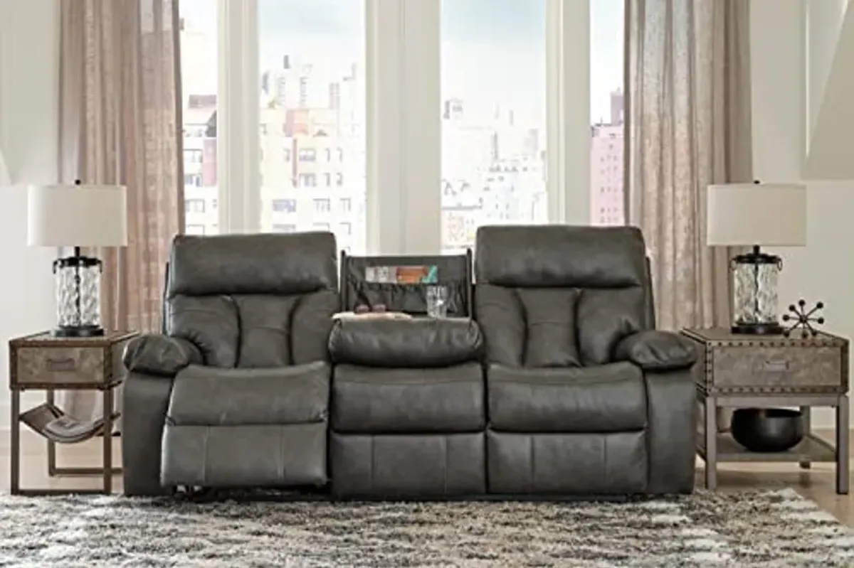 Signature Design by Ashley Willamen Modern Tufted Faux Leather Reclining Sofa with a Drop Down Table, Dark Gray