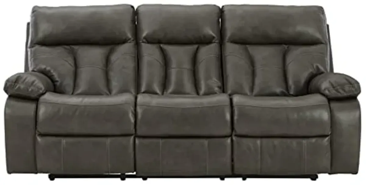 Signature Design by Ashley Willamen Modern Tufted Faux Leather Reclining Sofa with a Drop Down Table, Dark Gray