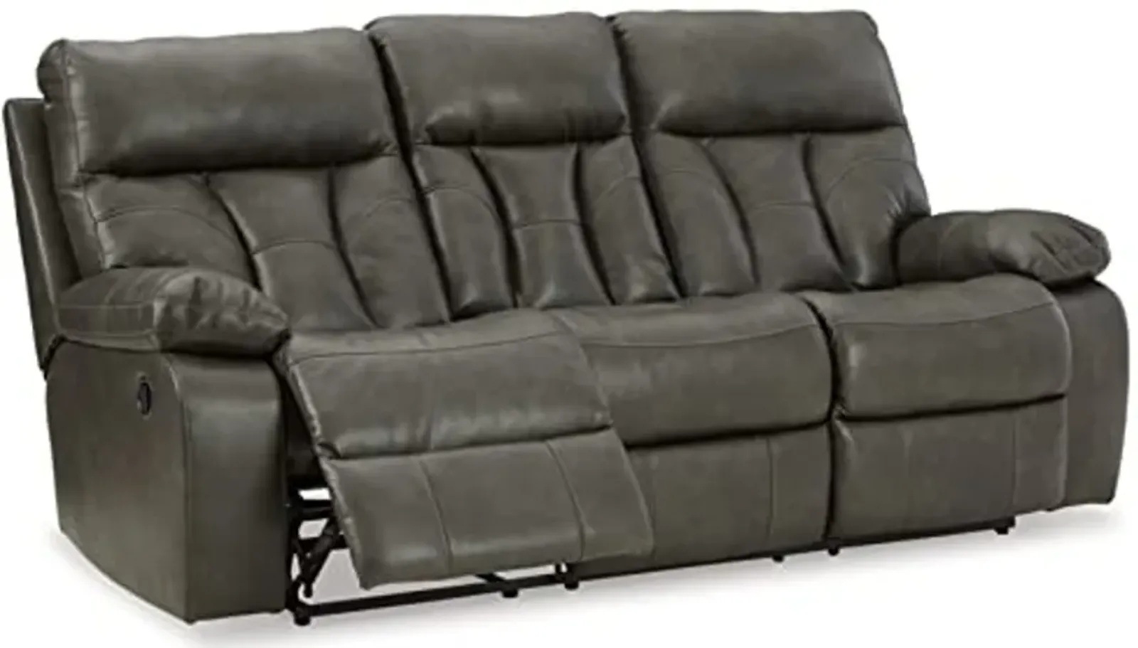 Signature Design by Ashley Willamen Modern Tufted Faux Leather Reclining Sofa with a Drop Down Table, Dark Gray