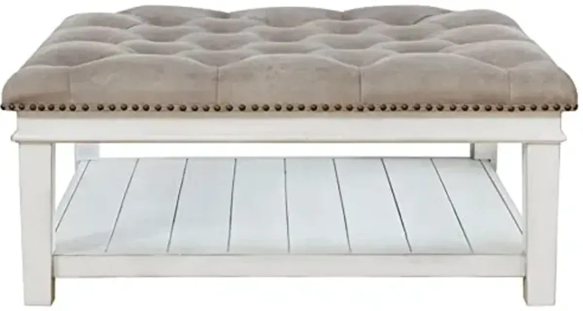 Signature Design by Ashley Kanwyn French Country Upholstered Square Ottoman Coffee Table, Whitewash