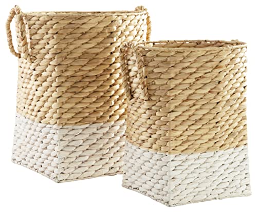 Signature Design by Ashley Winwich Modern Woven Wicker 2 Piece Stackable Basket Set, White & Light Brown