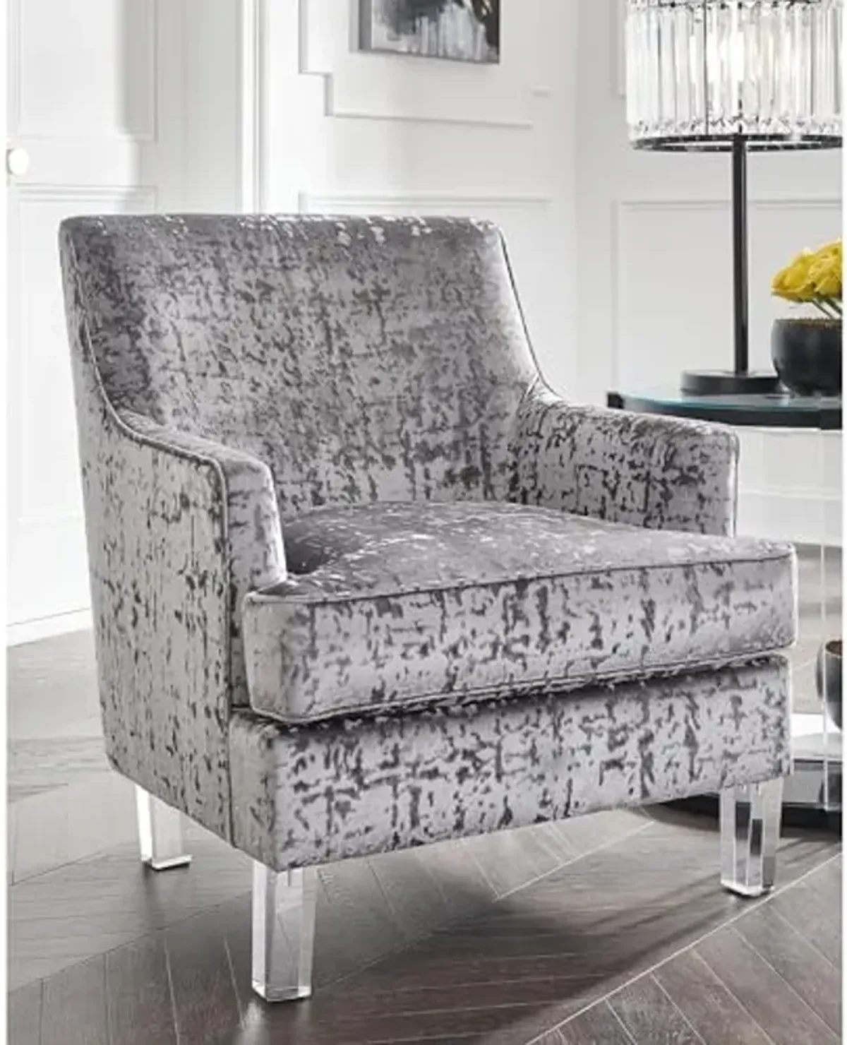 Signature Design by Ashley Gloriann Crushed Velvet Glam Accent Chair with Acrylic Legs, Light Gray