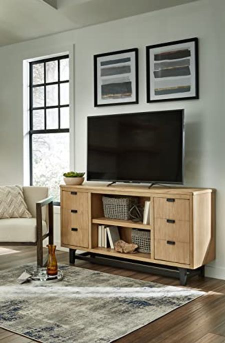Signature Design by Ashley Freslowe Large Stand for TVs up to 77" with Fireplace Option, 68" W x 18" D x 35" H, Light Brown & Black