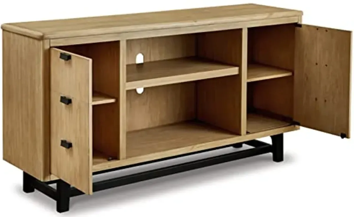 Signature Design by Ashley Freslowe Casual Large TV Stand for TVs up to 77" with Fireplace Option with 3 Adjustable Shelves, Light Brown & Black