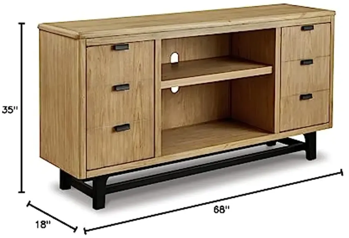 Signature Design by Ashley Freslowe Casual Large TV Stand for TVs up to 77" with Fireplace Option with 3 Adjustable Shelves, Light Brown & Black