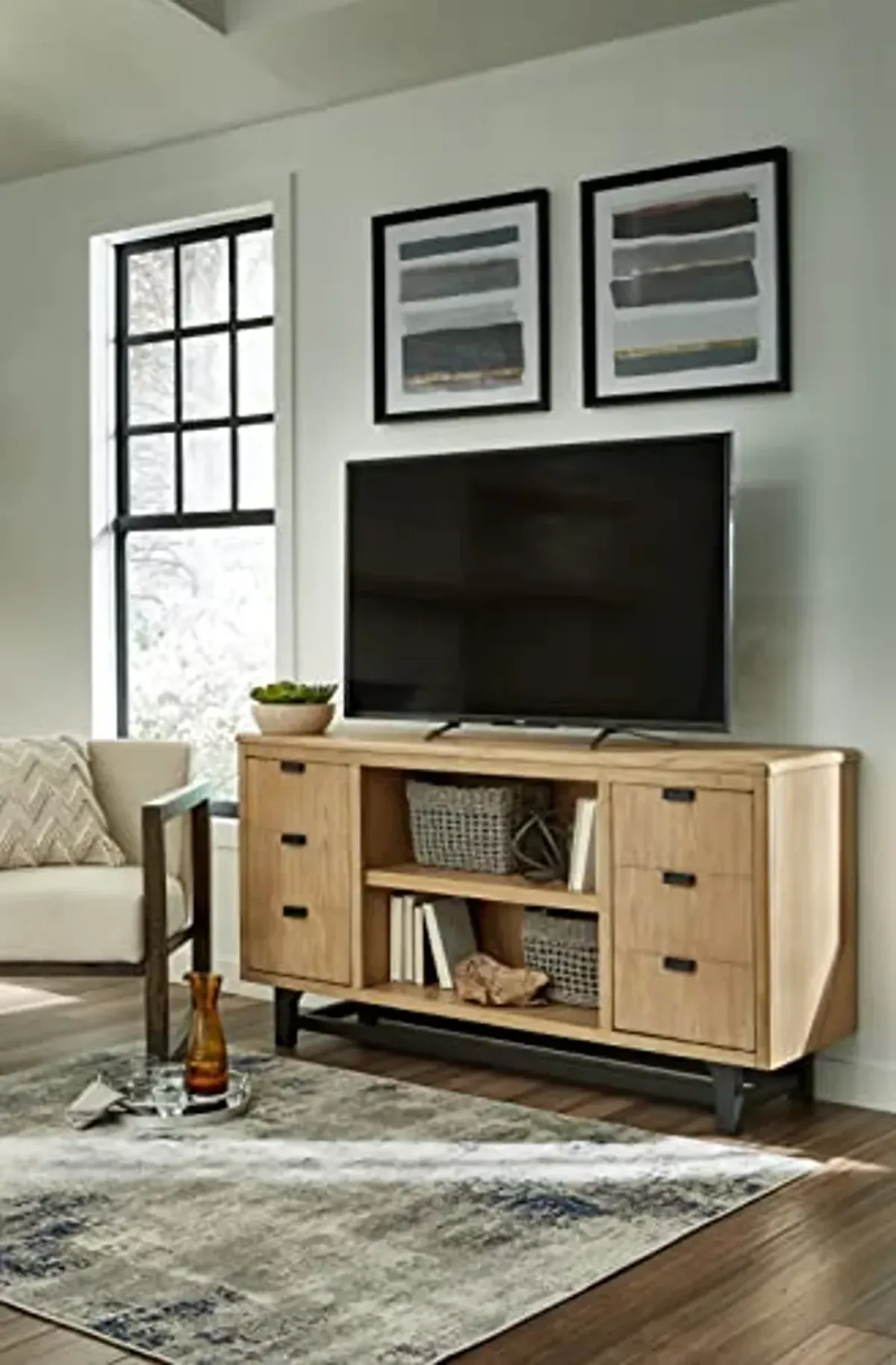 Signature Design by Ashley Freslowe Casual Large TV Stand for TVs up to 77" with Fireplace Option with 3 Adjustable Shelves, Light Brown & Black