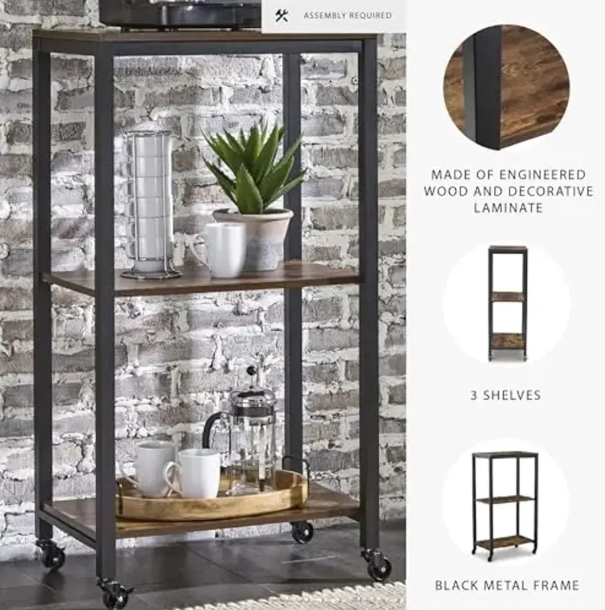 Signature Design by Ashley Bevinfield Vintage Metal Frame 3 Shelf Bar Cart, Dark Brown & Black