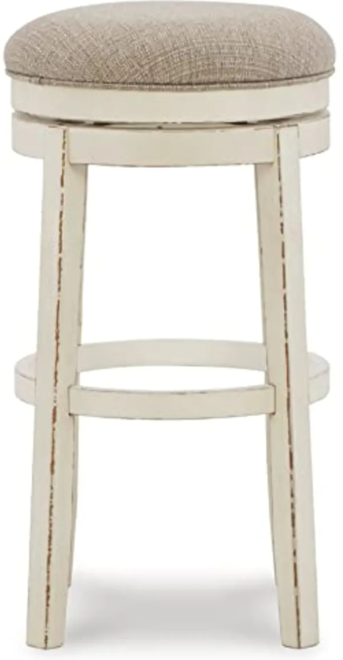 Signature Design by Ashley Realyn French Country Upholstered Swivel Bar Height Bar Stool with Foam Cushioned Seat, White & Beige