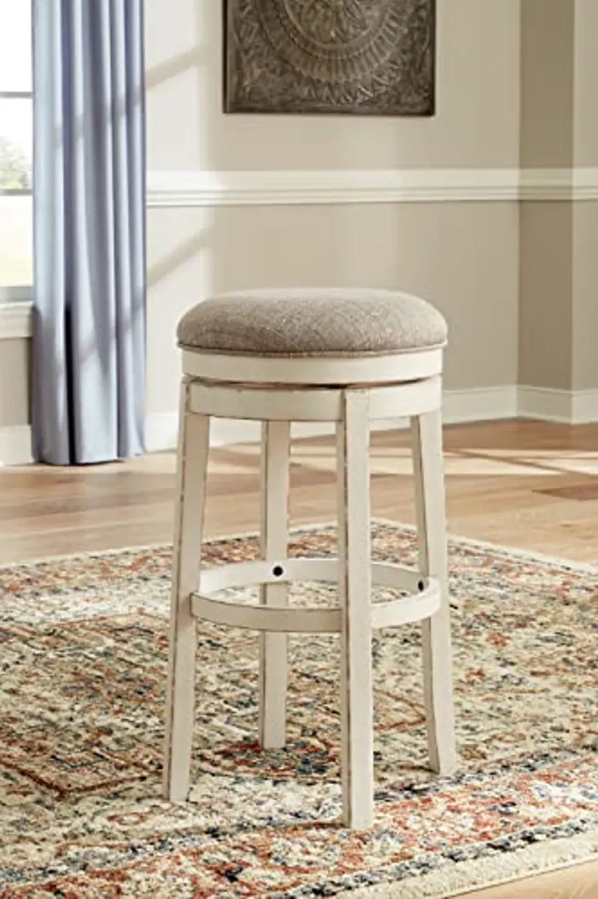 Signature Design by Ashley Realyn French Country Upholstered Swivel Bar Height Bar Stool with Foam Cushioned Seat, White & Beige