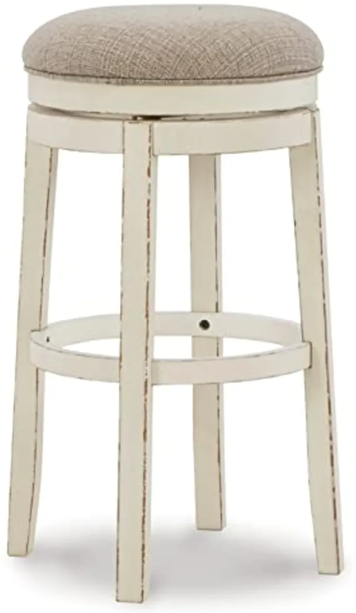 Signature Design by Ashley Realyn French Country Upholstered Swivel Bar Height Bar Stool with Foam Cushioned Seat, White & Beige