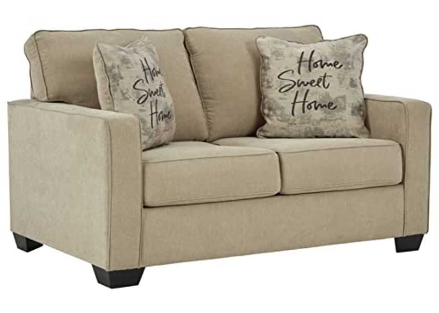 Signature Design by Ashley Lucina Casual Upholstered Loveseat with Accent Pillows, Beige