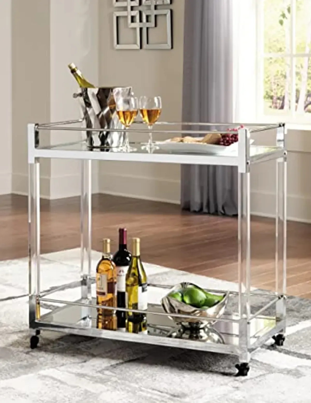 Signature Design by Ashley Chaseton Glam Bar Cart with 2 Shelves, Silver Finish