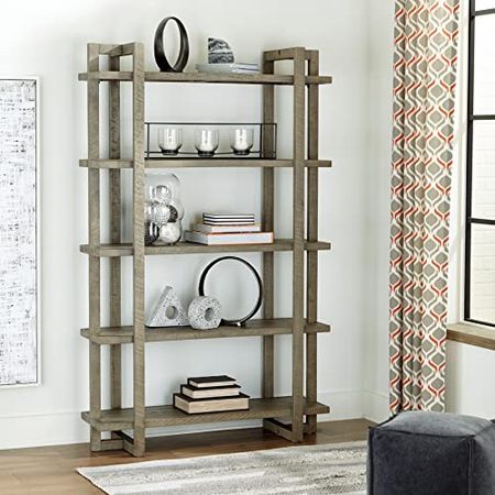 Signature Design by Ashley Bergton 78.25" Casual 5-Tier Ladder Bookcase, Light Gray