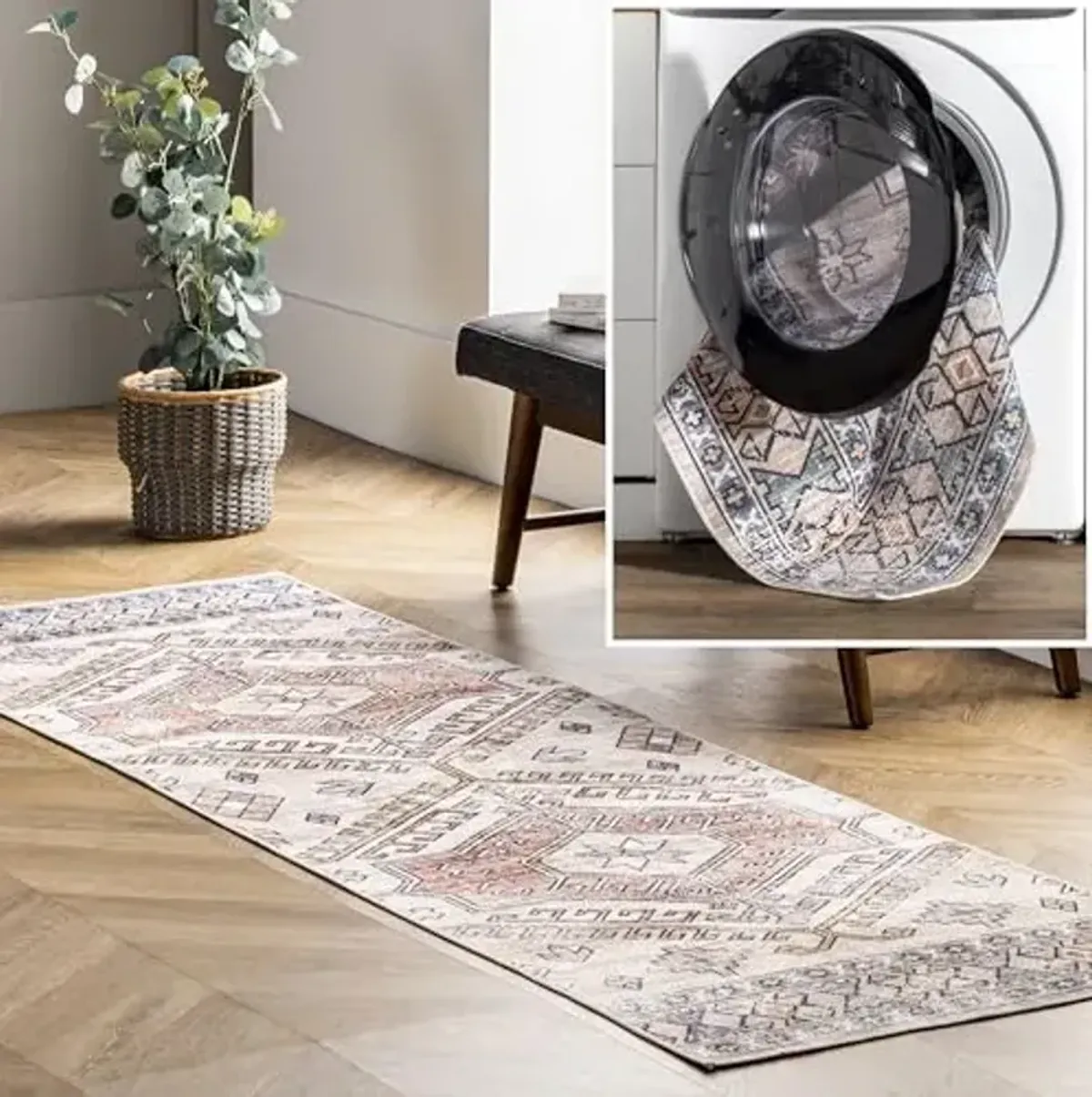 nuLOOM 2' x 12' SpinClean Machine Washable Stain-Resistant Area Rug with Non Slip Backing, Low Profile for Living Room, Bedroom, and Dining Room, Mae Peach