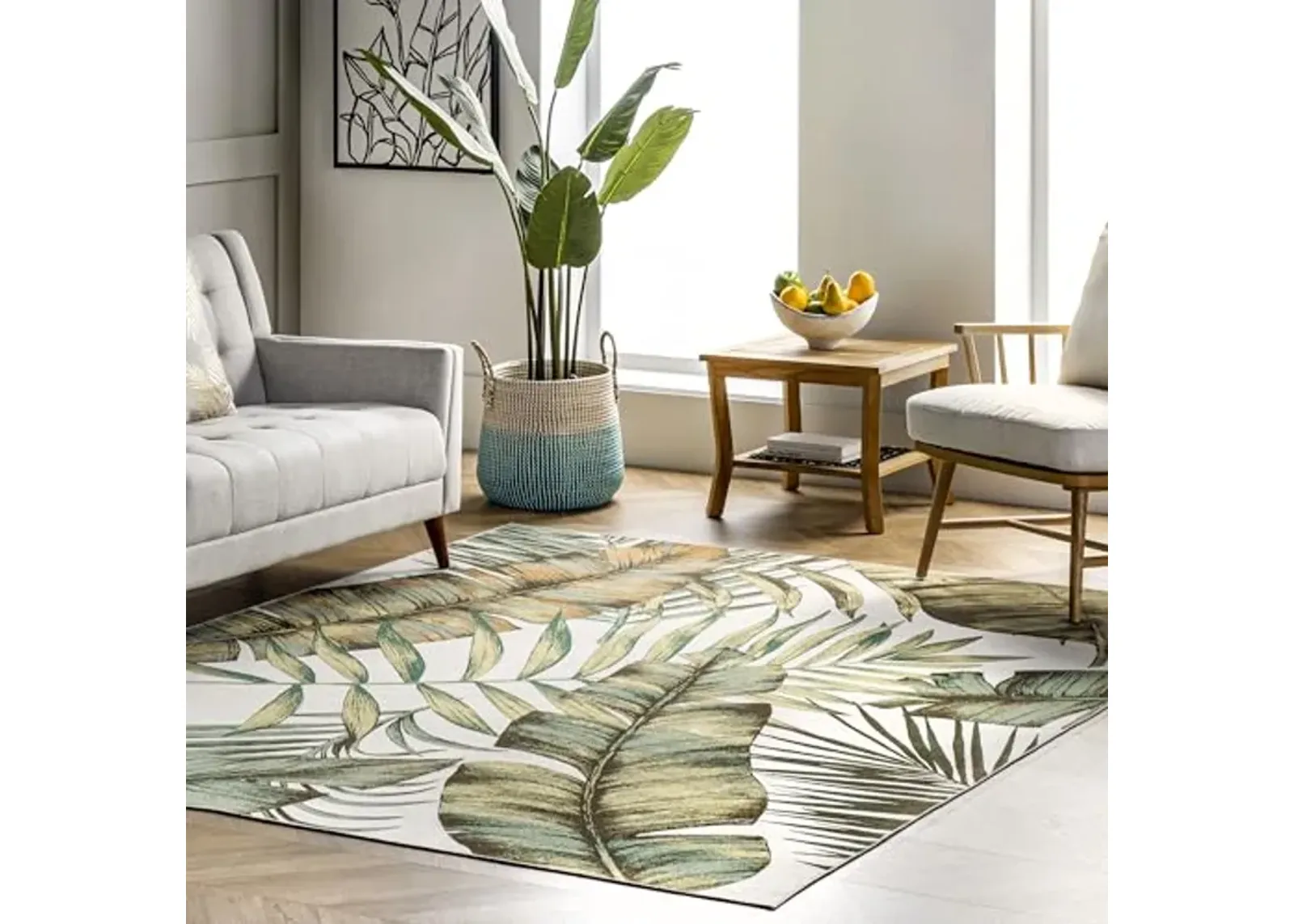 nuLOOM Elen Machine Washable Natural Leaves Ultra Thin Area Rug, 6' x 9', Olive