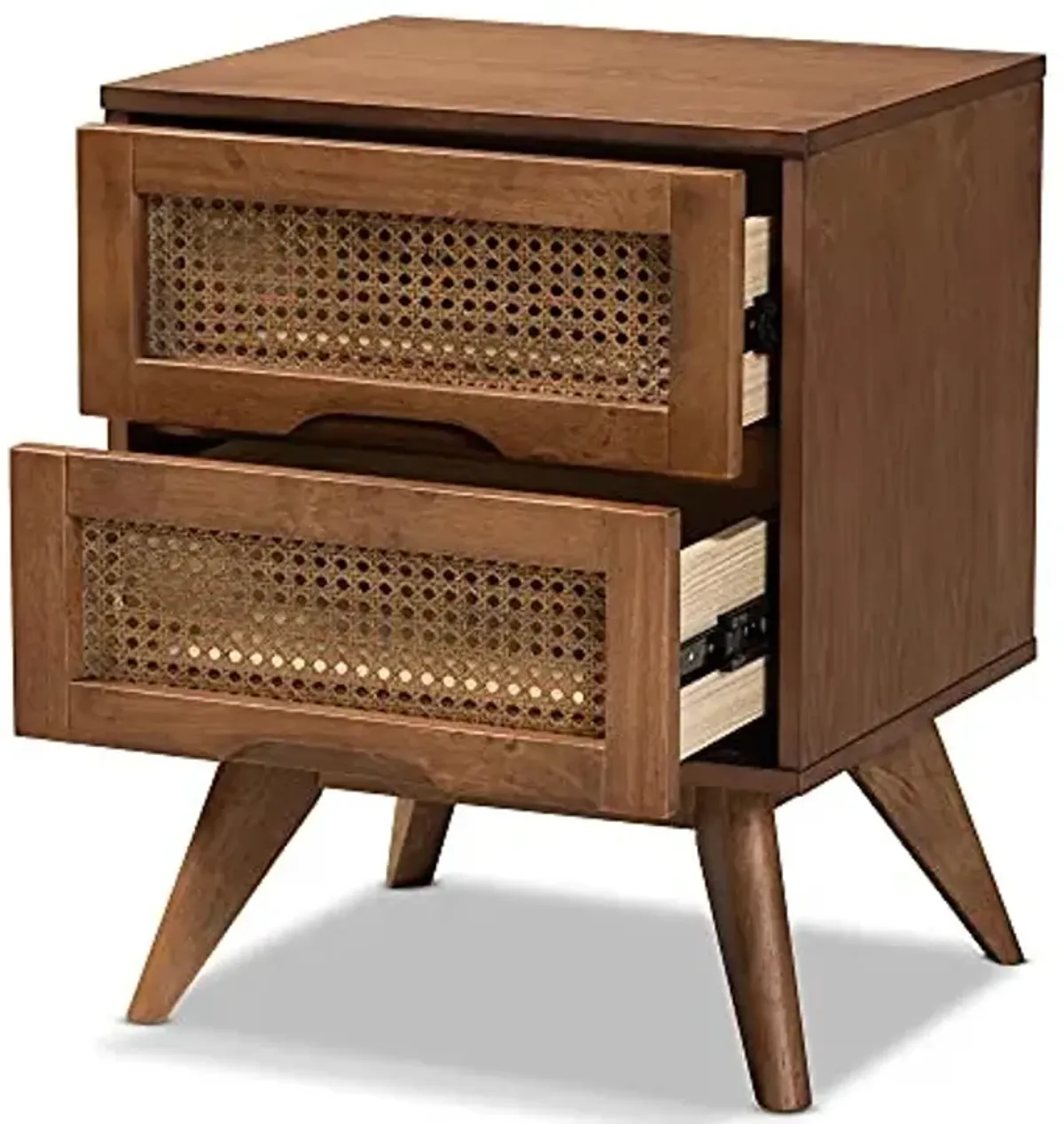 Baxton Studio Barrett Mid-Century Modern Walnut Brown Finished Wood and Synthetic Rattan 2-Drawer Nightstand
